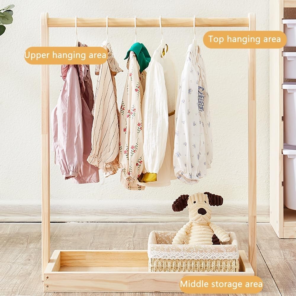 Wooden Kids Clothes Rack Toddler Dress Up Stand Natural