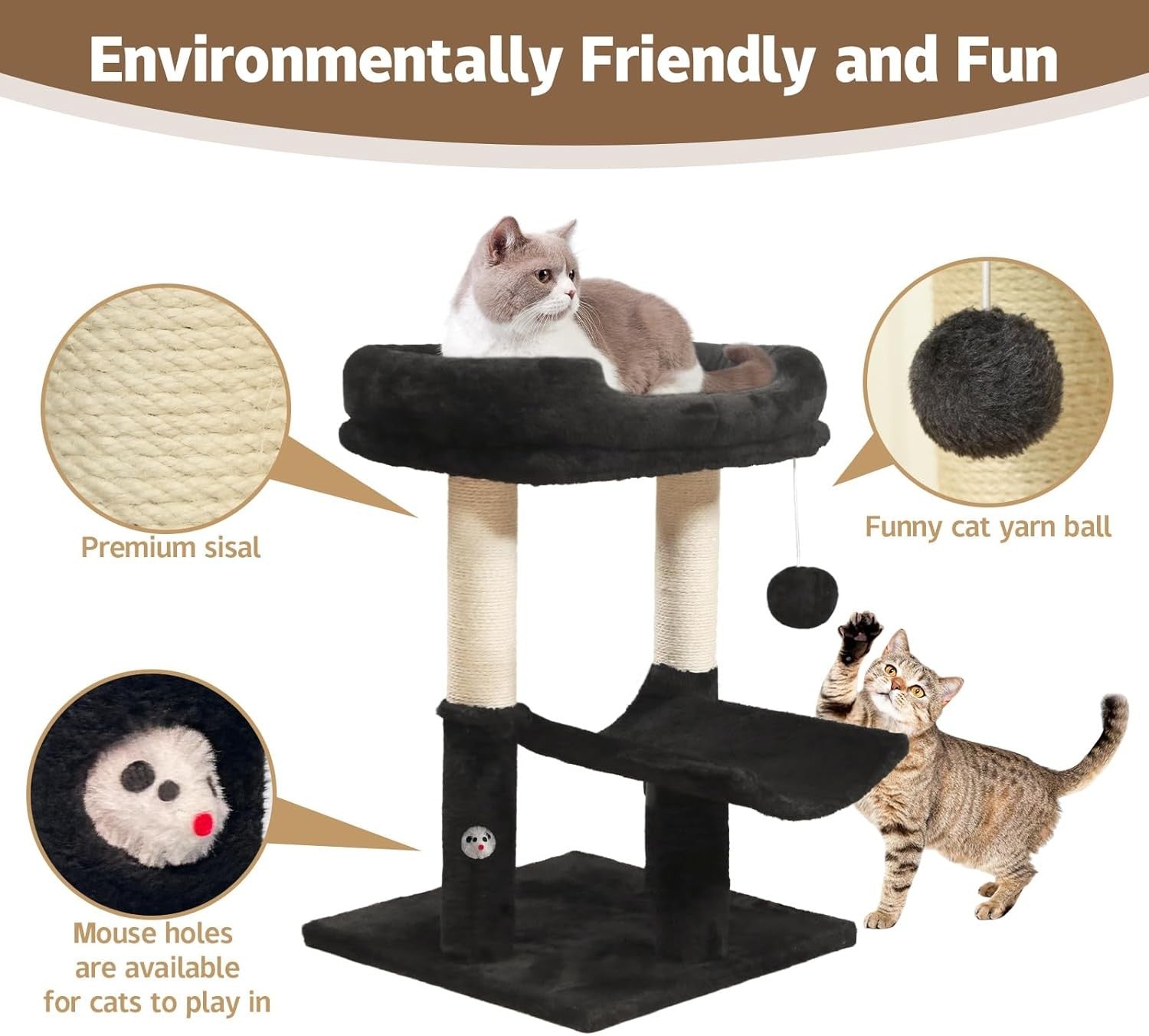 Cat Scratcher Tower with Sisal Post Plush Bed Platform Multi Level Black