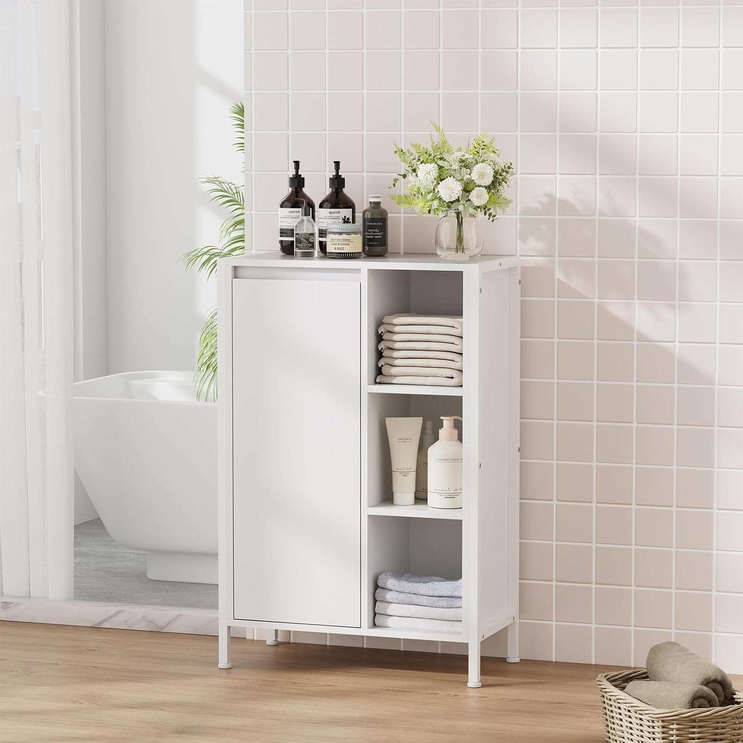 Bathroom Storage Cabinet with Laundry Basket 3 Tier Shelves White Slim Unit