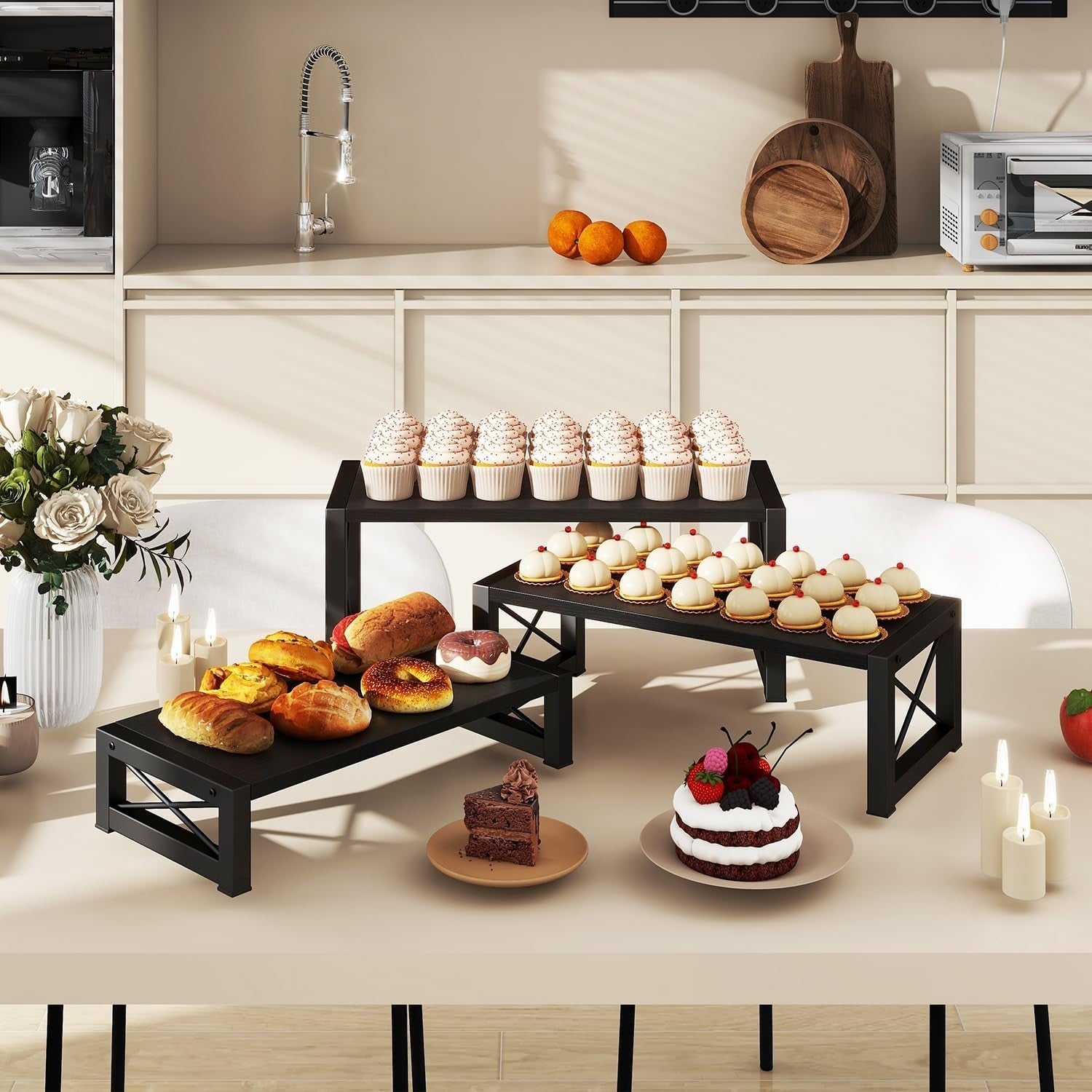 3-Tier Black Wood Cupcake & Dessert Display Stand – Rustic Party Table Risers