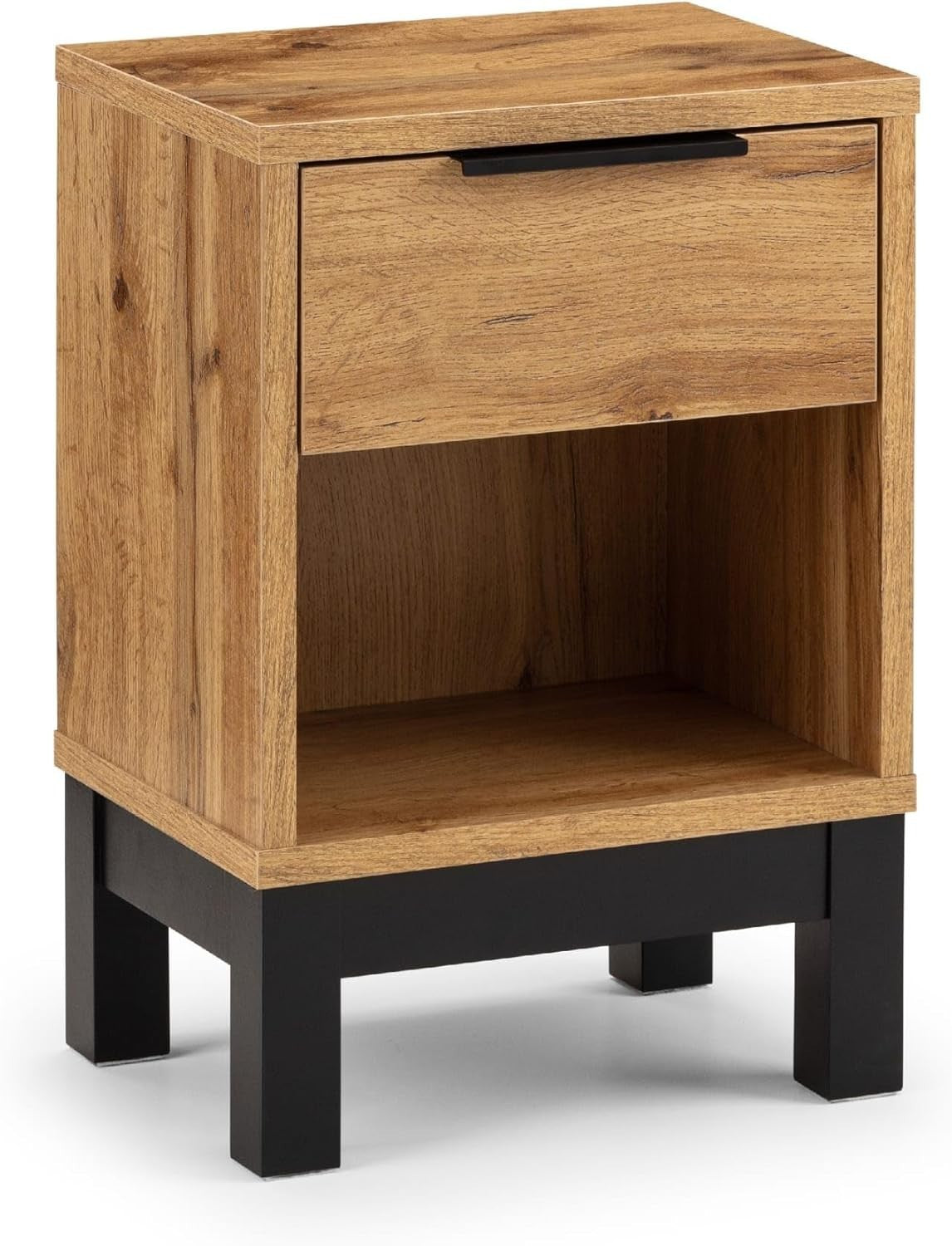 Modern Oak Wood Bedside Table | 1 Drawer Nightstand with Open Shelf & Black Legs