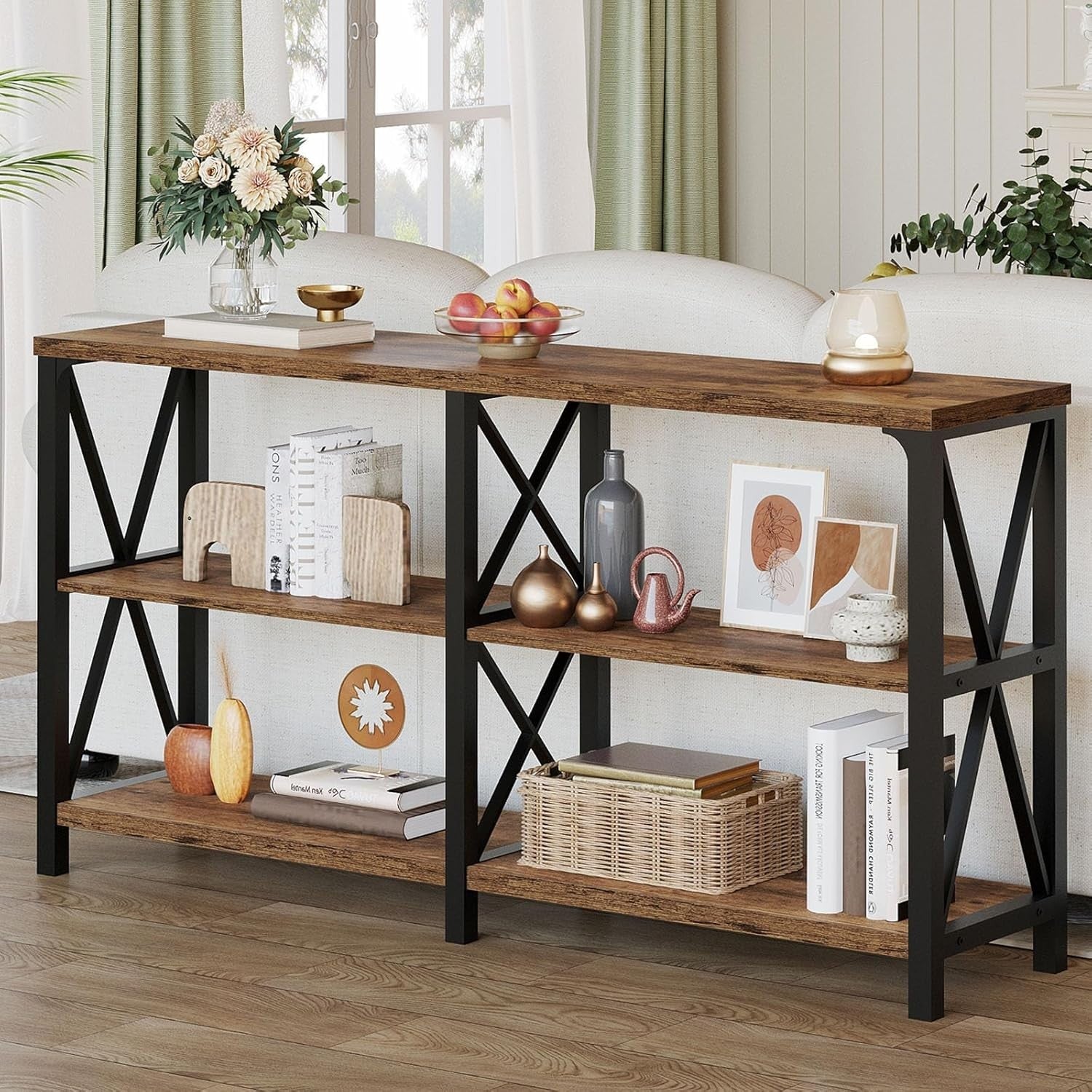 Rustic Console Table 3-Tier Wood Shelf for Entryway Sofa Hallway 55in