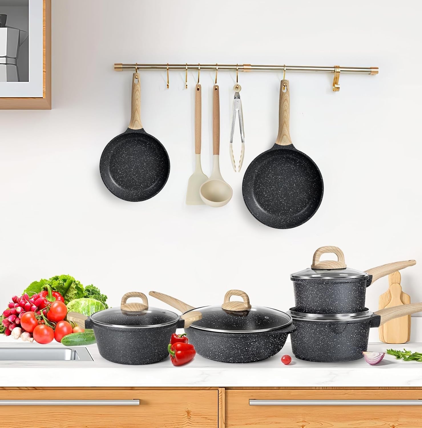 13pcs Non-Stick Granite Cookware Set Induction Ready with Lids & Utensils