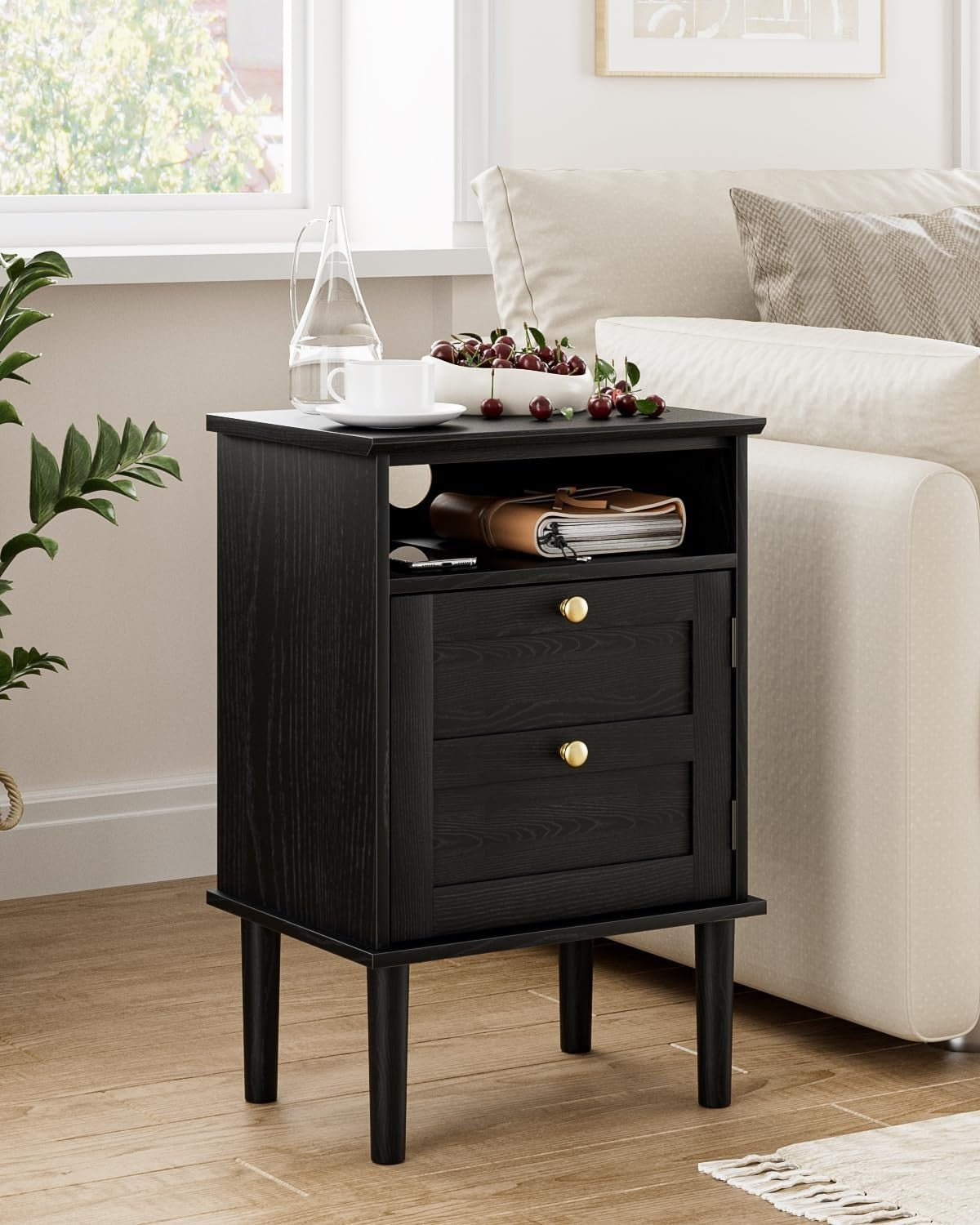 Black Wooden Bedside Table with Door & Open Shelf | Modern Vintage Nightstand