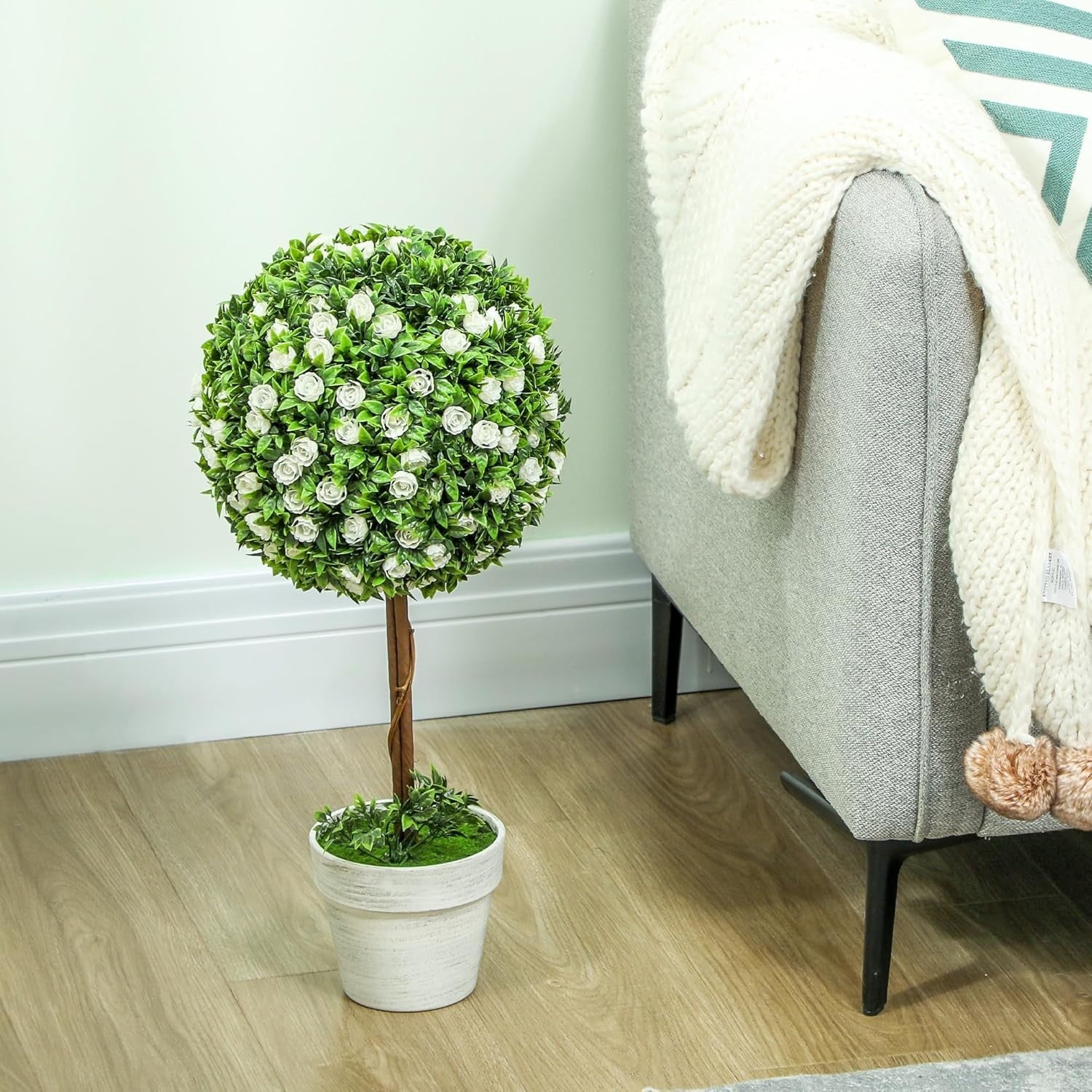 60cm Artificial Rose Ball Topiary Trees Set of 2 in White Pot Home Garden Decor