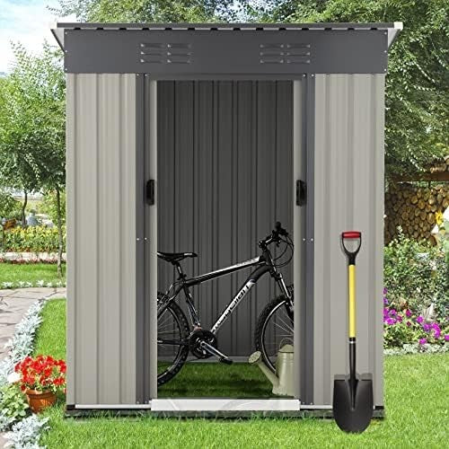 3x5ft Metal Garden Storage Shed Grey Outdoor Tool Bike Box Sliding Door