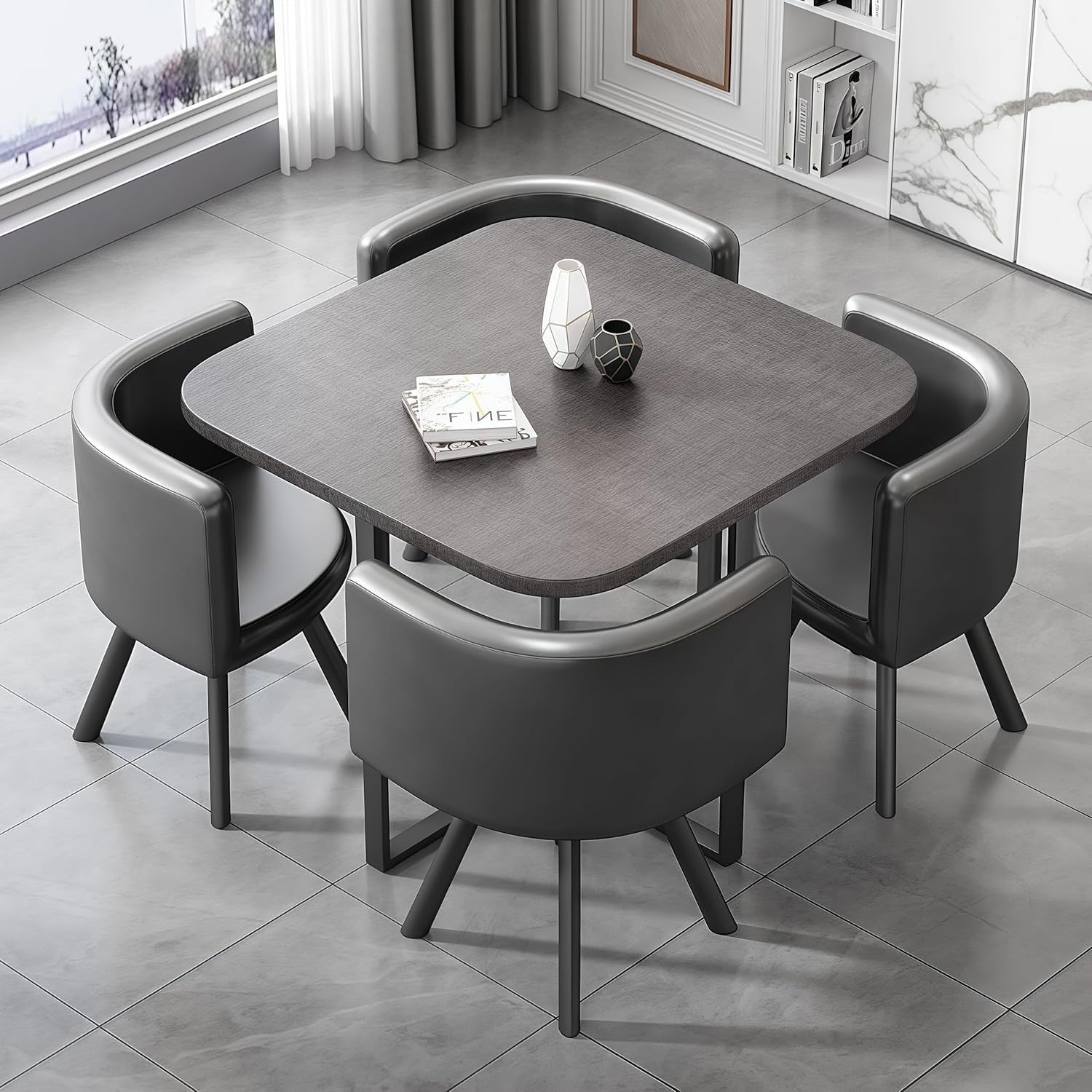 Modern Grey 35.4" Square Dining Table Set w/ 4 Chairs – Space-Saving Faux Marble