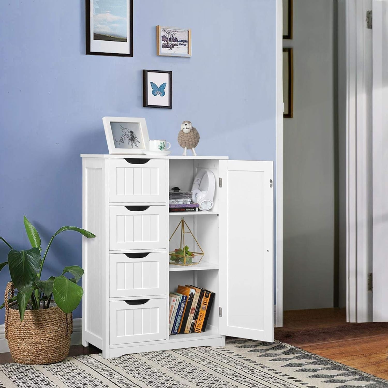White Wooden Bathroom Cabinet 4 Drawer Storage Cupboard Organizer Unit