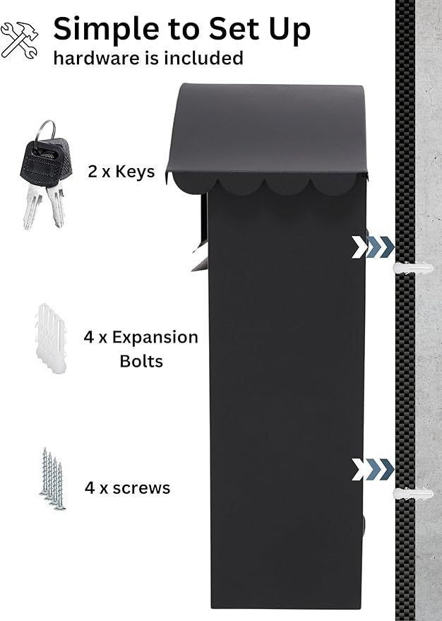 Lockable Wall Mounted Mailbox Black – Weatherproof Steel Post Box w/ 2 Keys