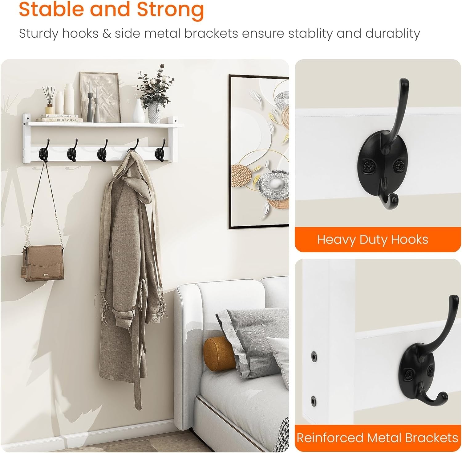 24in White Wall Mounted Coat Rack with Shelf Entryway Hat Towel Bag Hooks