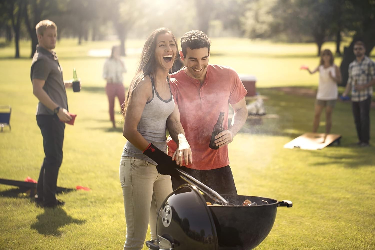 57cm Charcoal BBQ Grill with Lid Thermometer, Wheels & One-Touch Cleaning