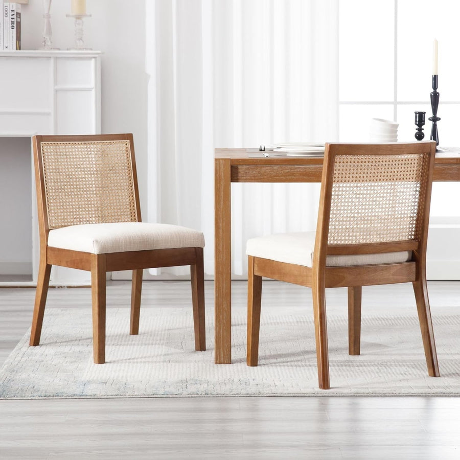 Set of 2 Beige Rattan Dining Chairs Upholstered Linen Seat Wooden Frame