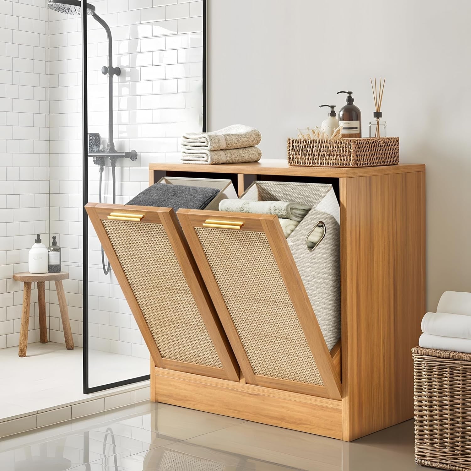 Double Rattan Laundry Cabinet 2 Baskets Wooden Tilt-Out Hamper Bathroom Storage