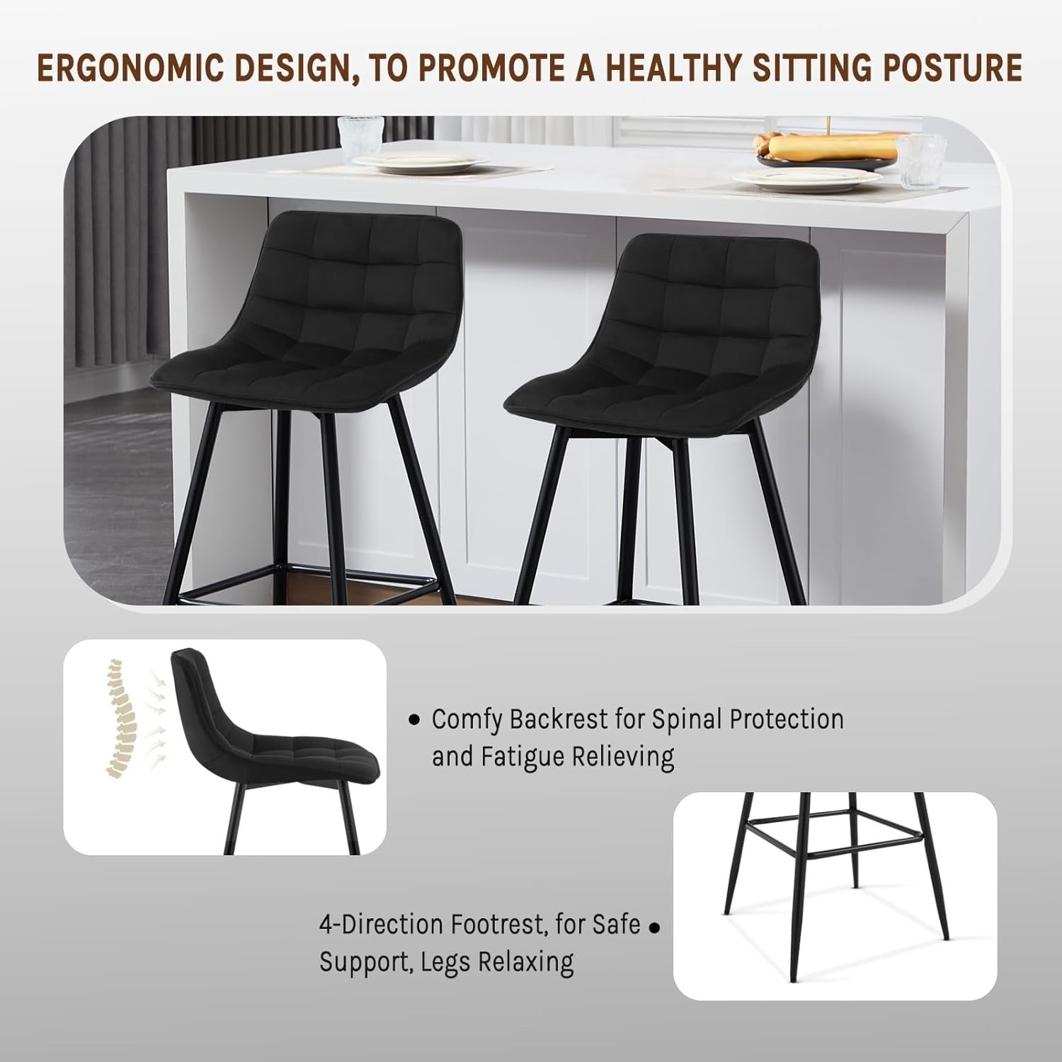 Brown Faux Leather Bar Stools Set of 2 – Ergonomic Kitchen & Counter Seats