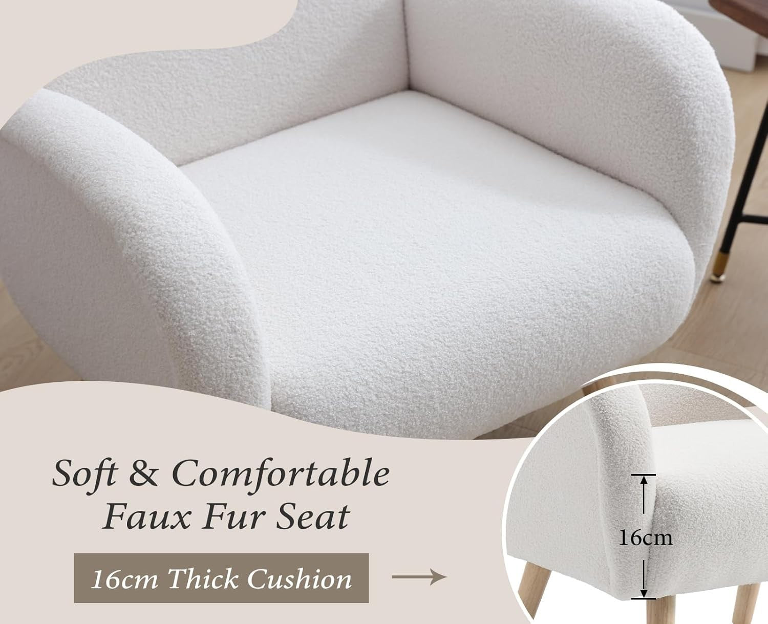 Faux Fur Accent Armchair White Lounge Chair High Back Wood Legs Modern