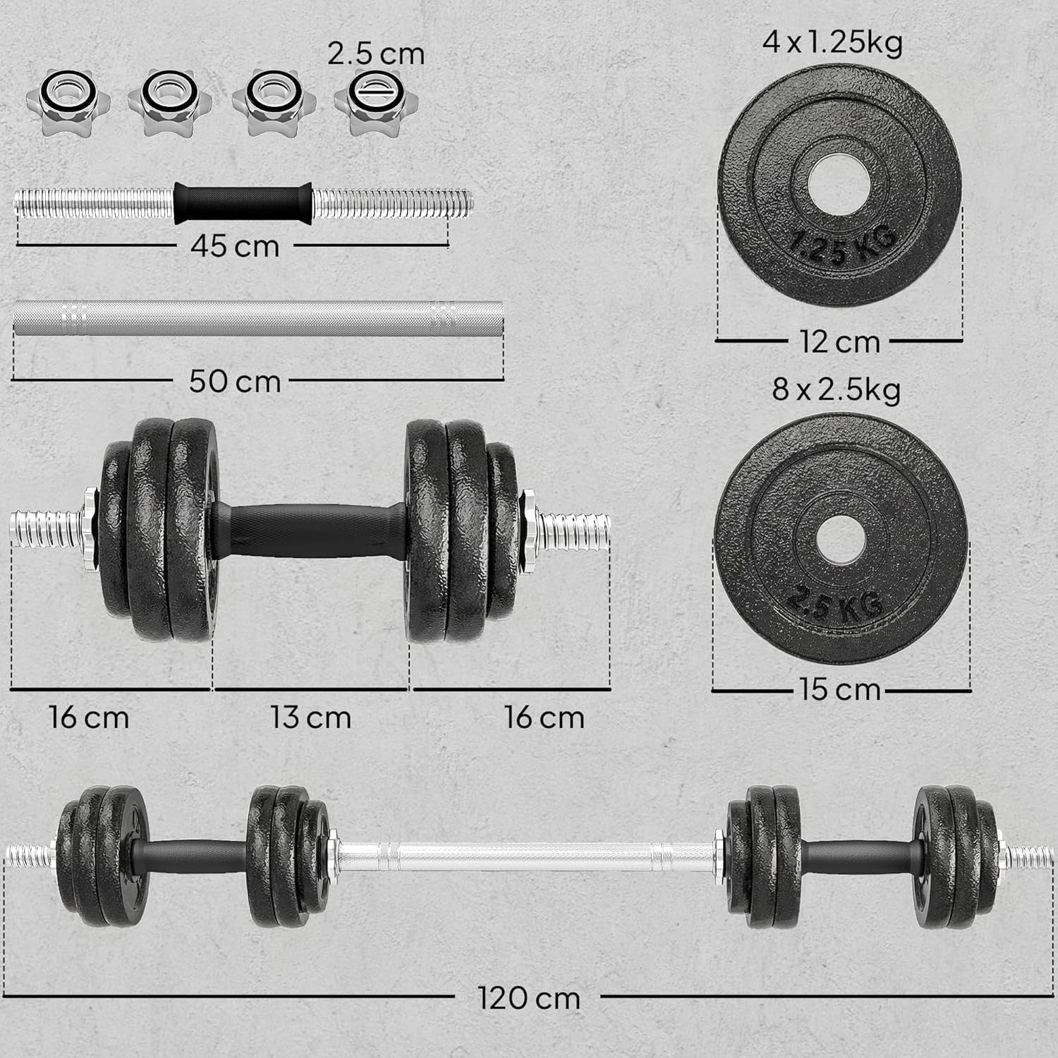 30kg Adjustable Dumbbell Barbell Set Cast Iron Spinlock Home Gym