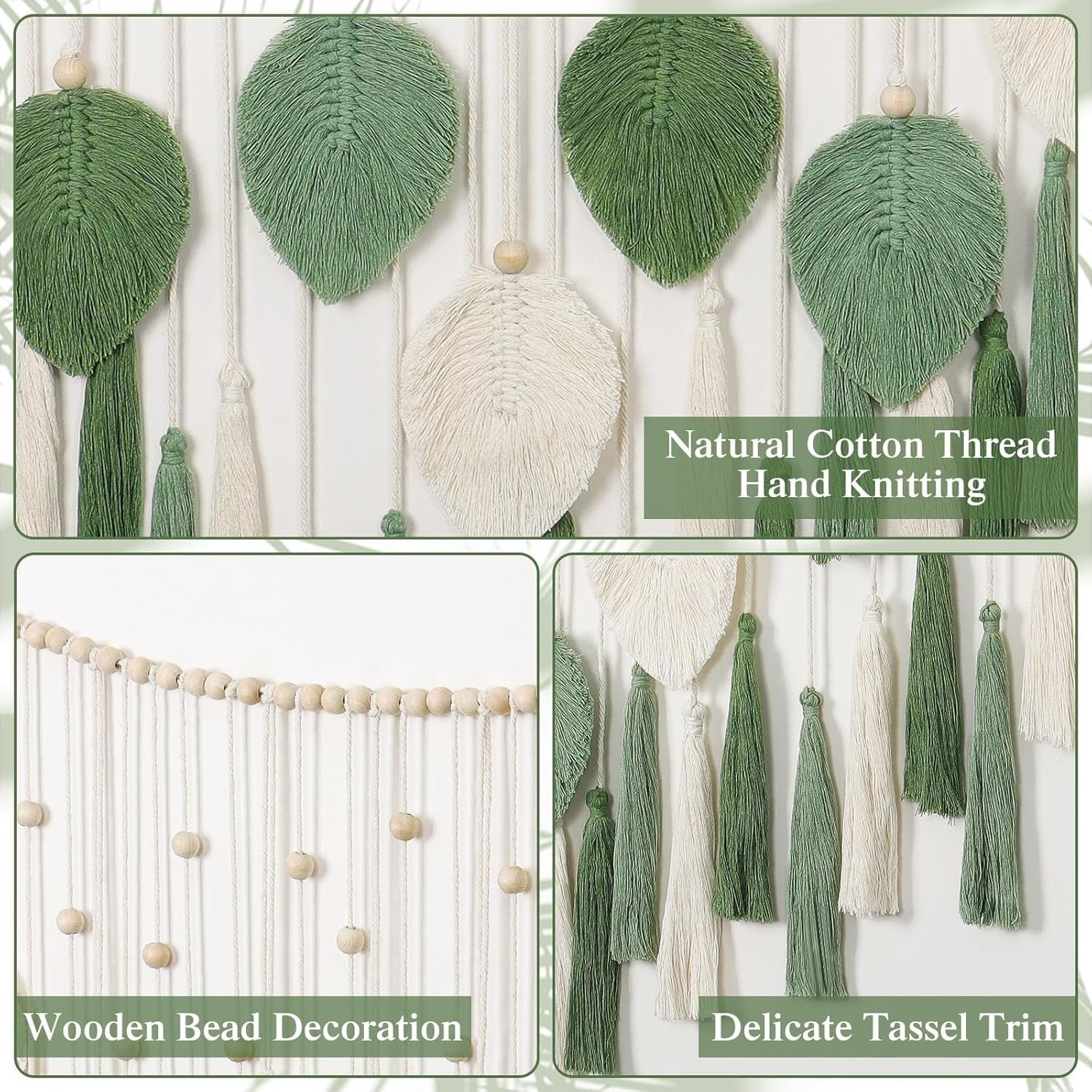 Large Macrame Wall Hanging Beige Green Leaf Tassel Boho Decor