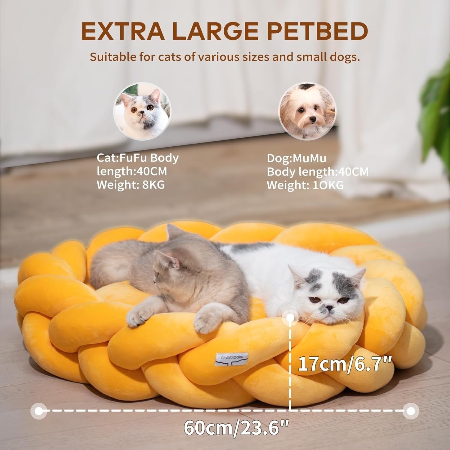 60cm Orthopedic Cat Bed Braided Pet Sofa Washable Cushion for Cats