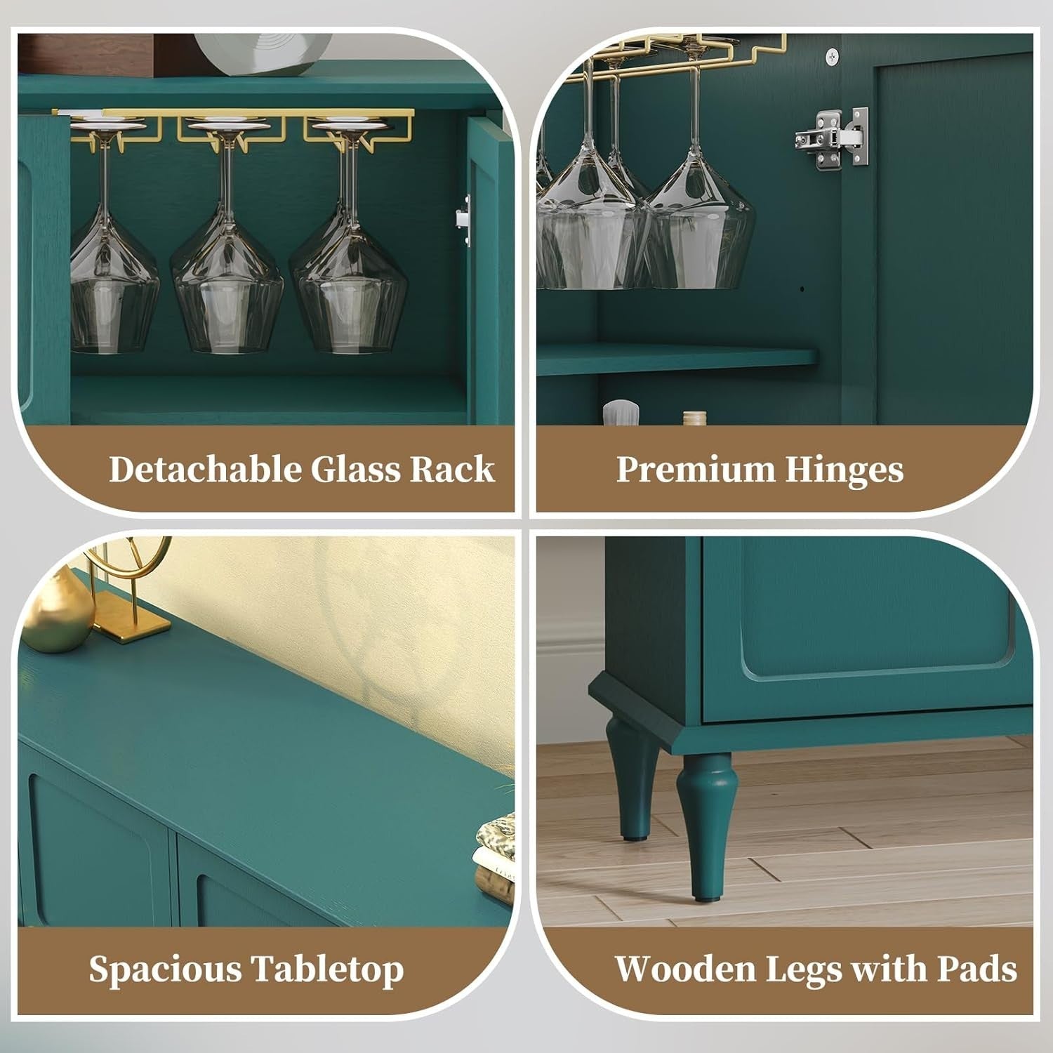 Mid-Century Green Sideboard with Wine Glass Rack, 4 Doors, Large Storage