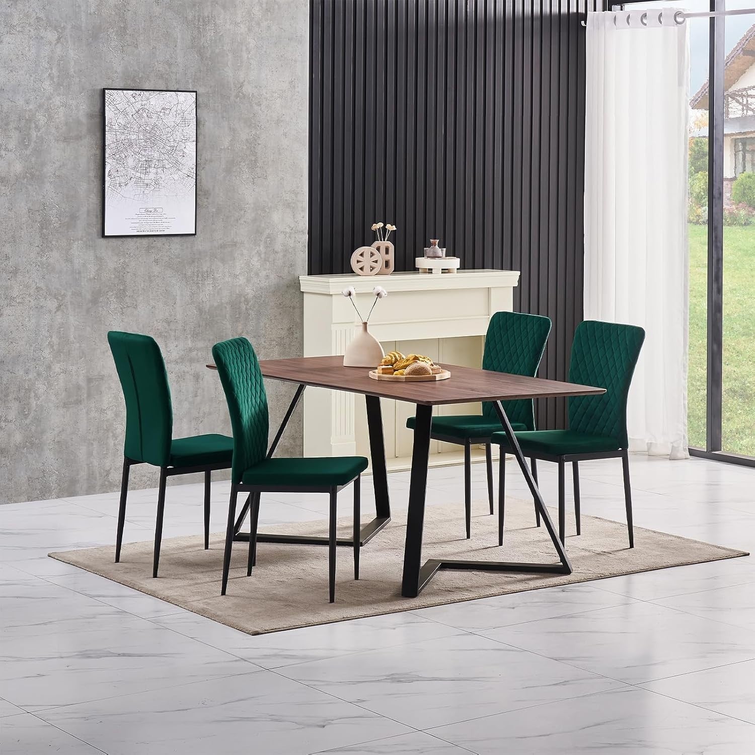 Modern Velvet Green Dining Table Set 6 High Back Chairs Oak Wood 150x80x75cm