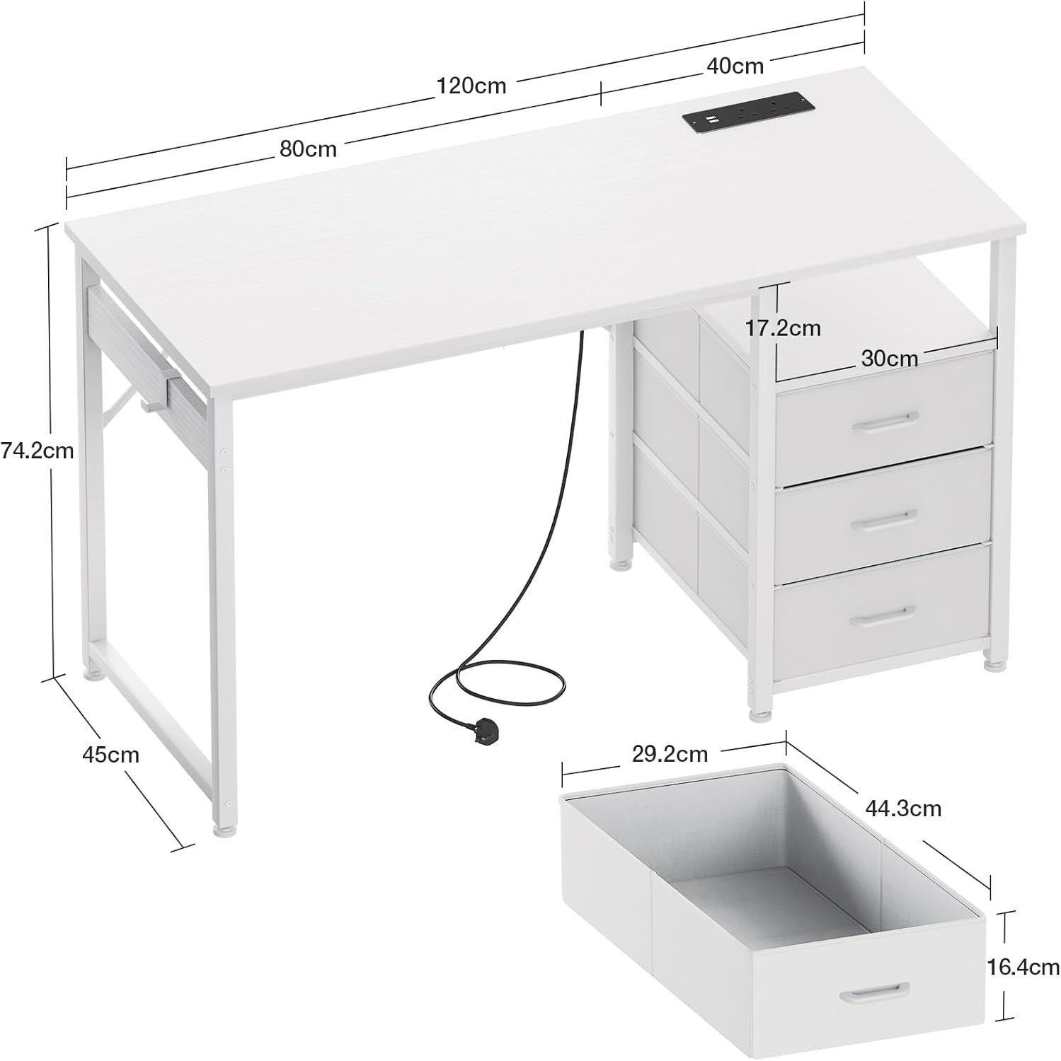 White 120cm Computer Desk w/ 3 Drawers, USB Ports & Power Sockets Office Table
