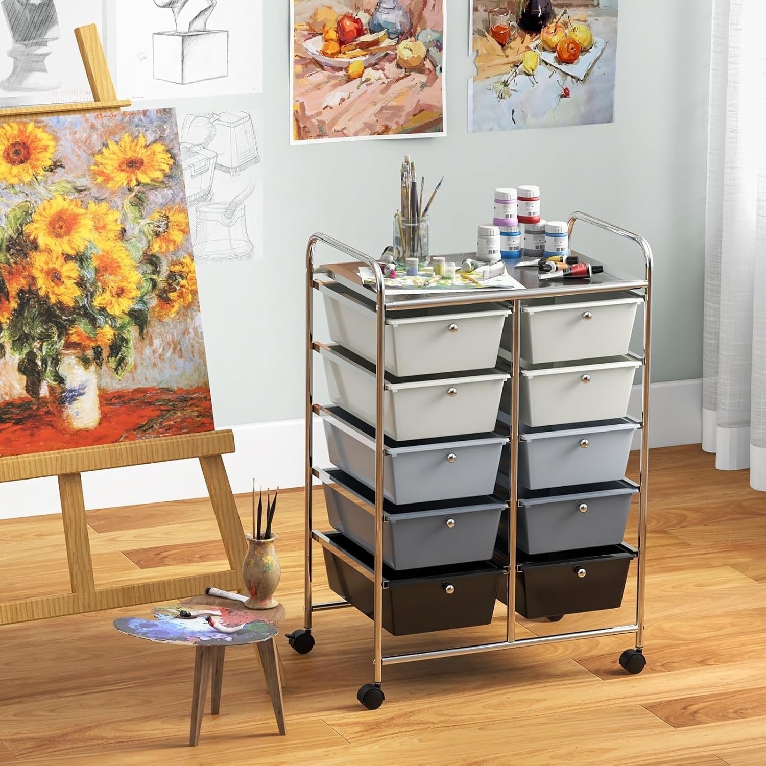 Gradient Grey 10 Drawer Rolling Storage Cart Utility Organizer Trolley