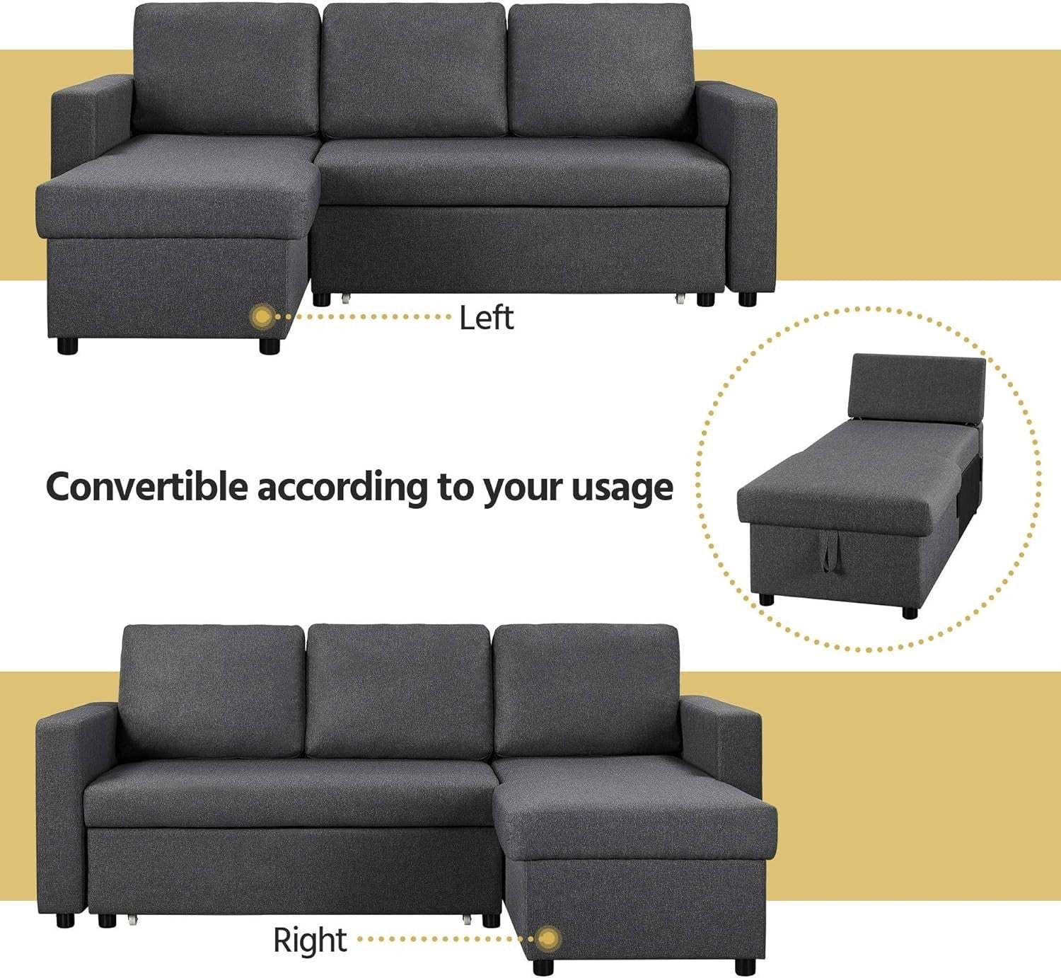 Grey L-Shaped Sofa Bed 3 Seater Pull Out Storage Corner Couch Modern