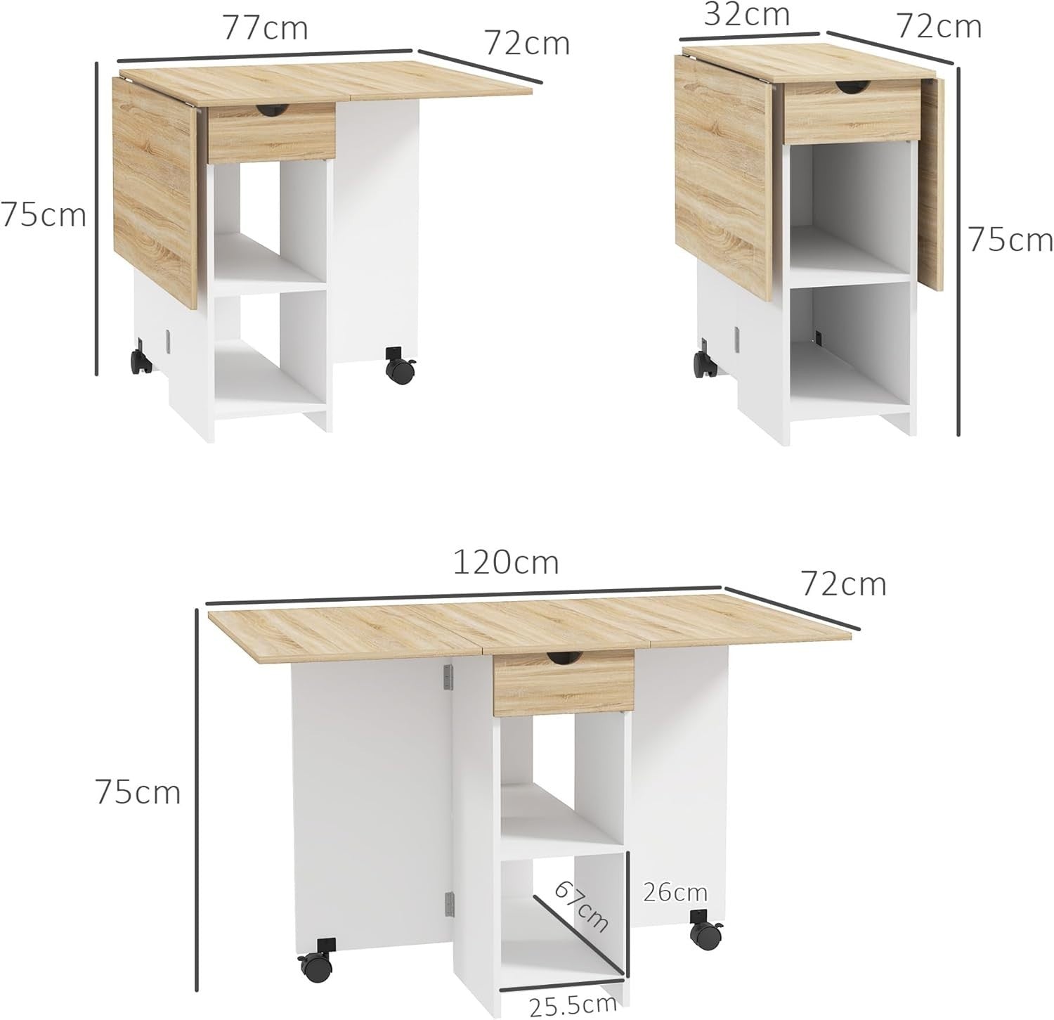 Folding Drop Leaf Dining Table with Drawer Shelves Oak Space Saver
