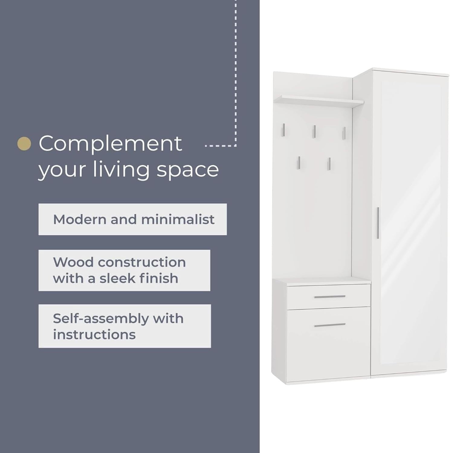 Modern White Hallway Wardrobe with Drawers, Hooks & Shoe Storage, 180cm
