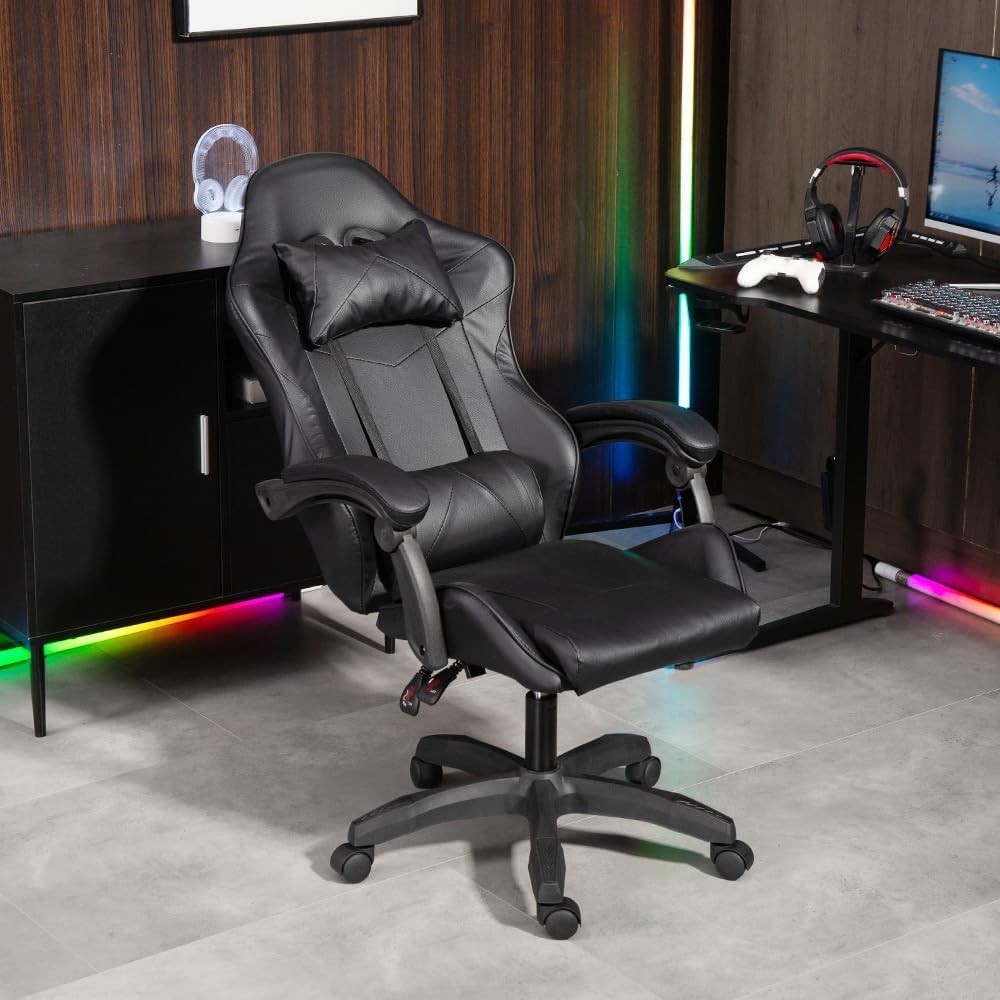 Ergonomic Faux Leather Gaming Chair Swivel Recliner Adjustable Height Black