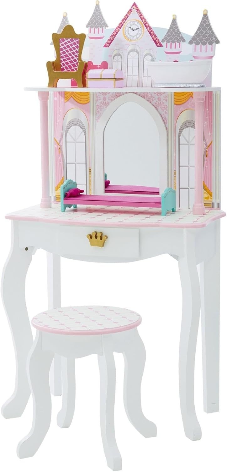 Kids Vanity Table Set w/ Mirror & Stool | Doll Play Area + Storage