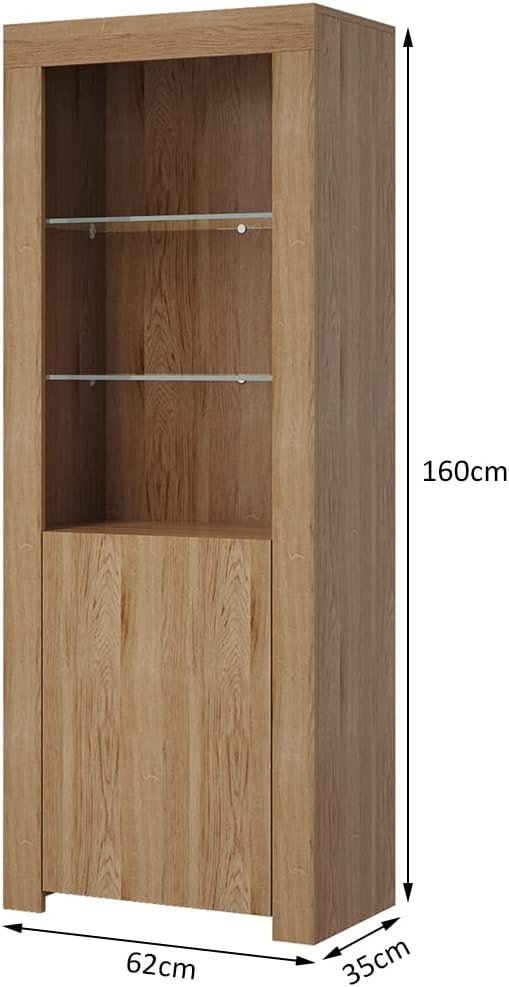 Tall Oak Display Cabinet Glass Shelves LED Light Modern Storage Unit