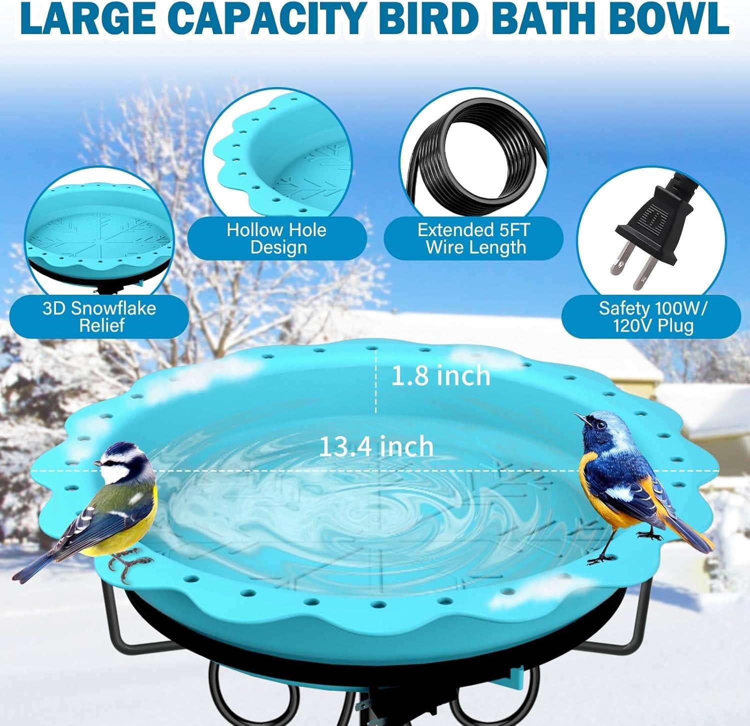 Heated Bird Bath Blue Outdoor Water Feeder 100W Thermostat Metal Stand Winter