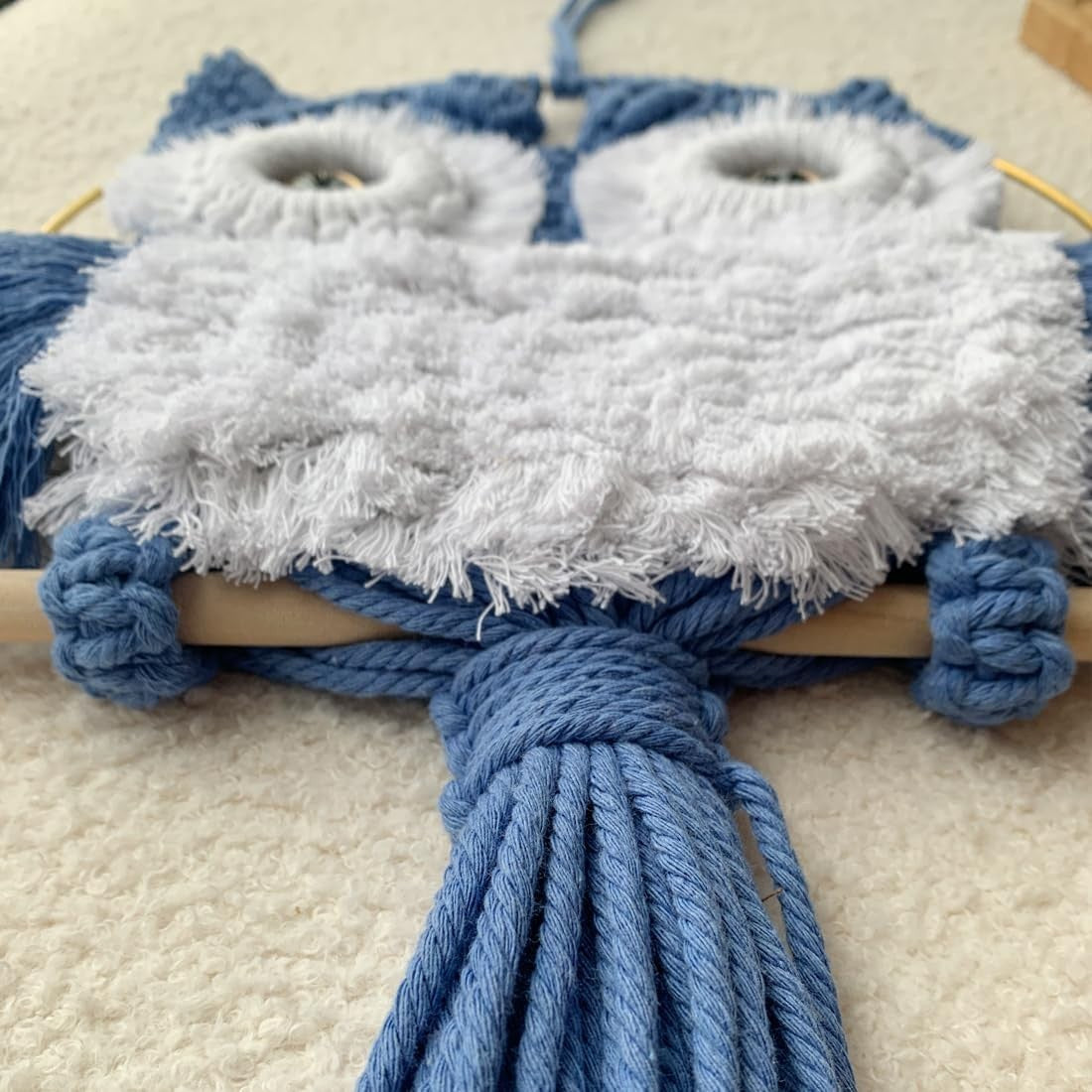 Hazy Blue Macrame Owl Wall Hanging Boho Fiber Art Decor