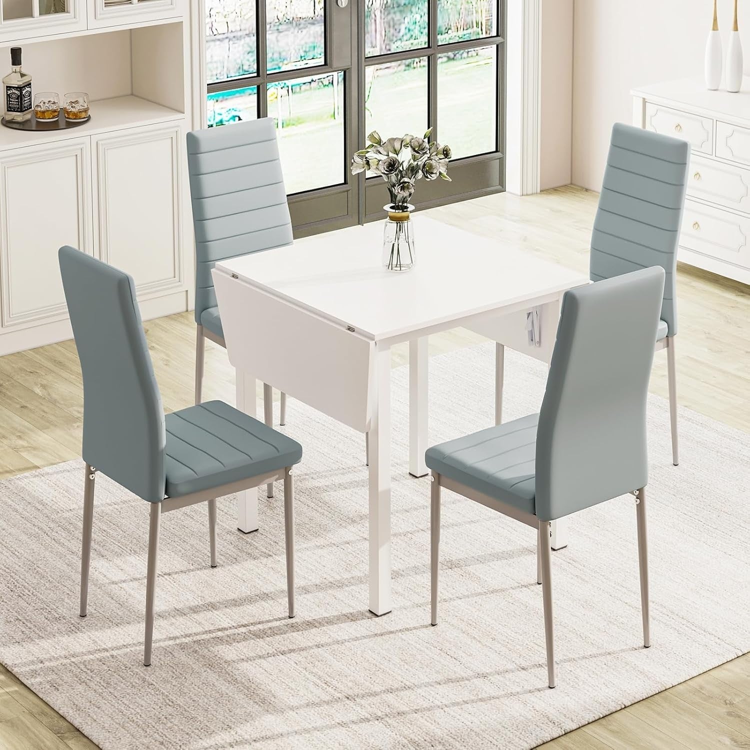 Space-Saving White Drop Leaf Dining Table & 4 Grey PU Leather Chairs Set