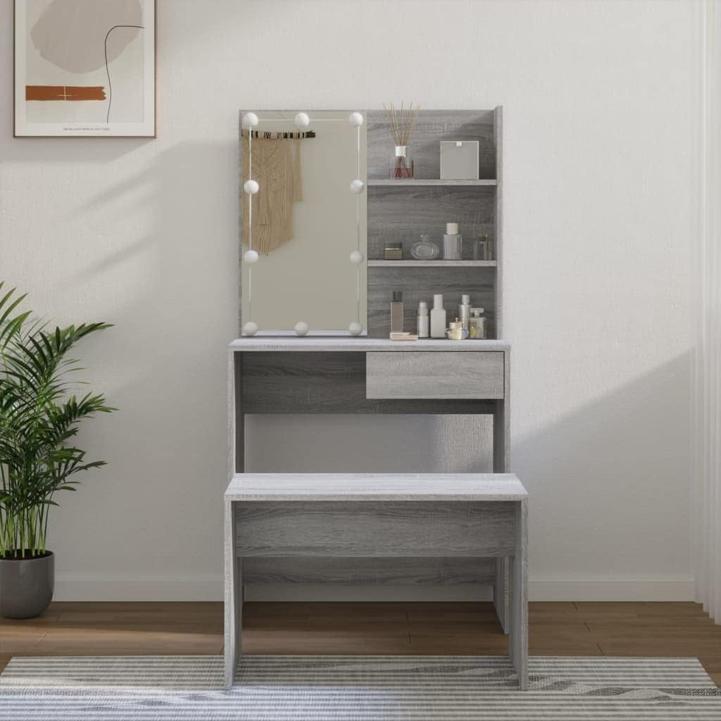 Grey Vanity Dressing Table w/ LED Light & USB Port Mirror Stool Storage Wood