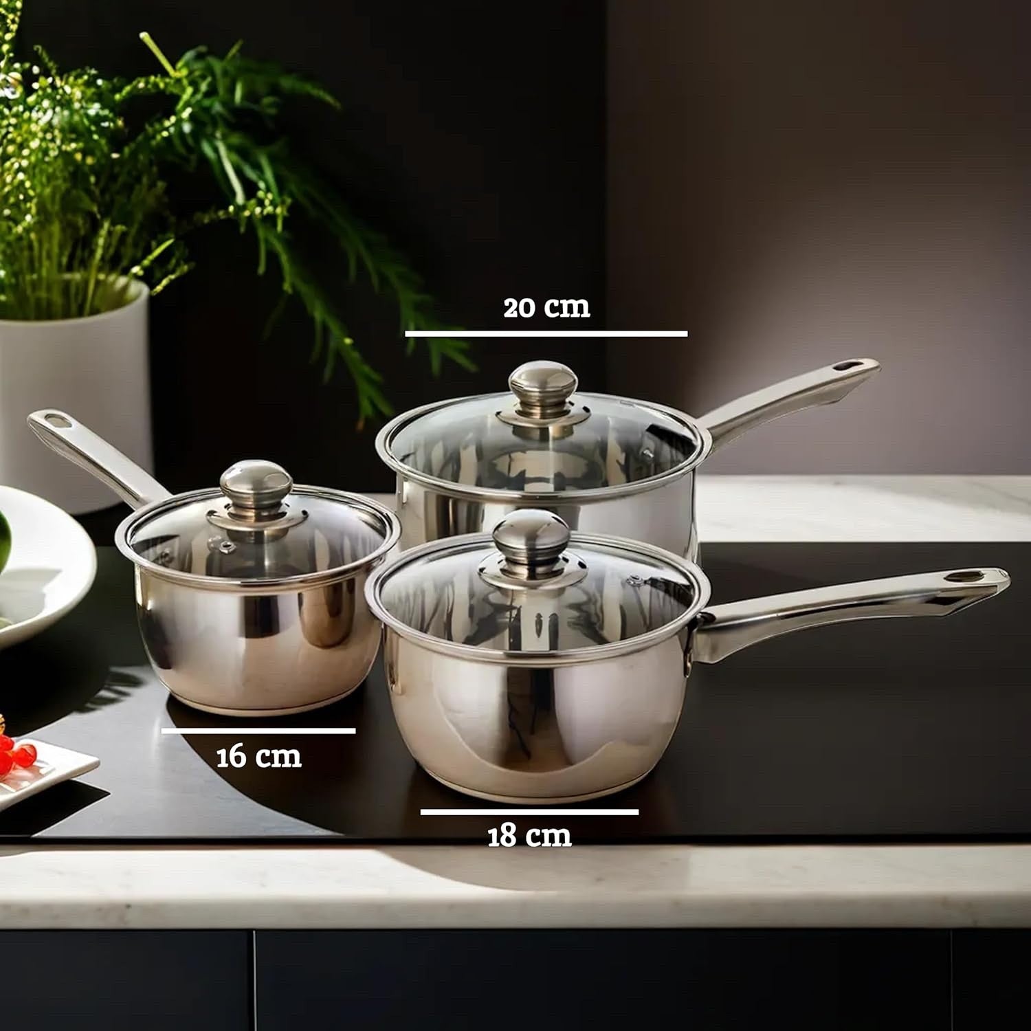 3Pcs Stainless Steel Saucepan Set with Glass Lids Mirror Finish