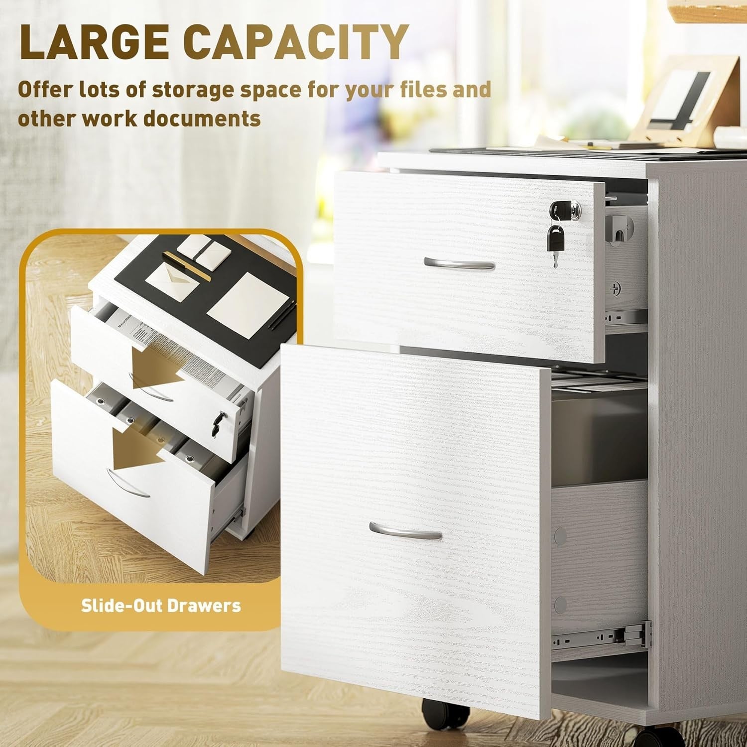 Locking 2 Drawer Rolling File Cabinet Under Desk Printer Stand White
