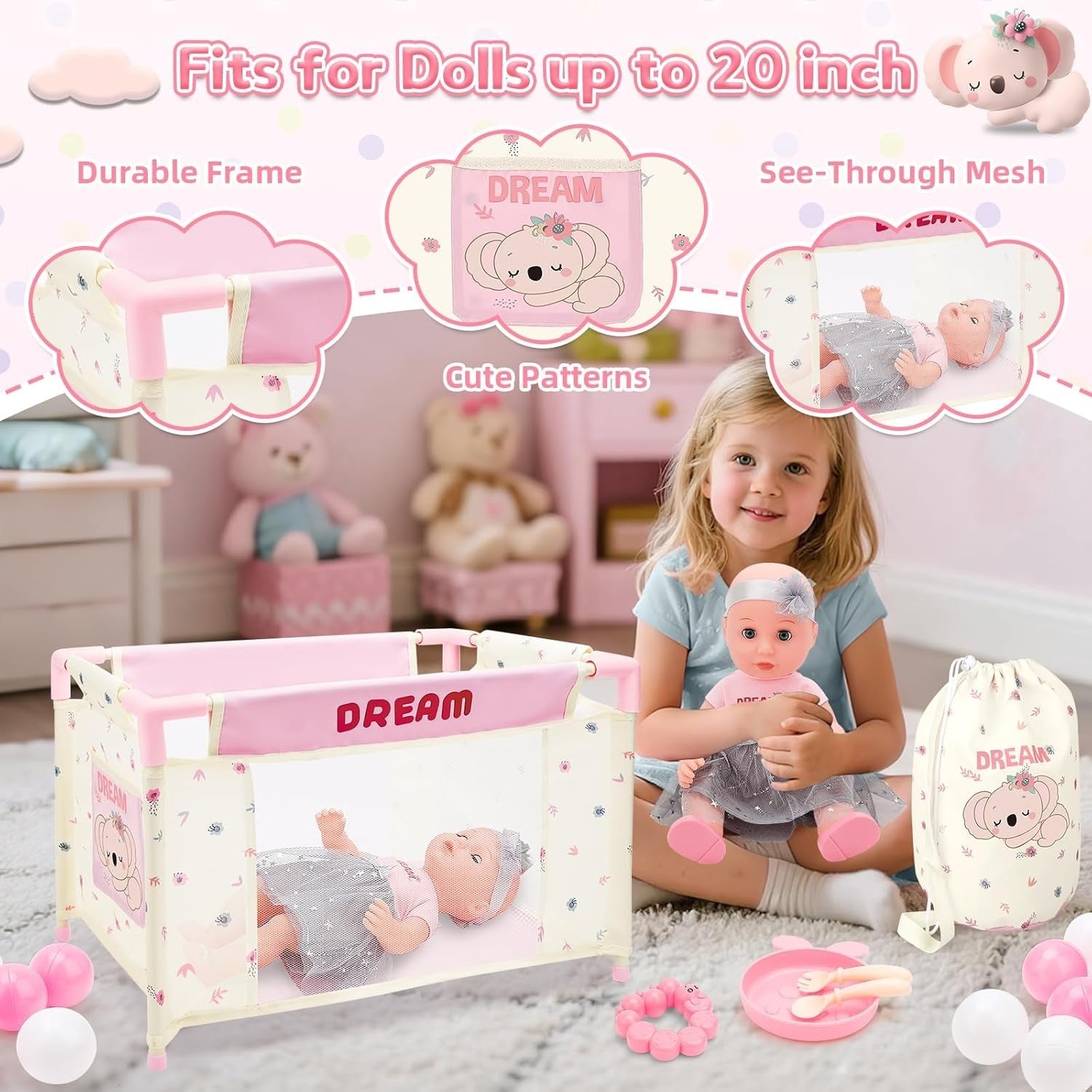 Baby Doll Stroller Playset with 14in Doll Cot Tent Accessories 25pcs