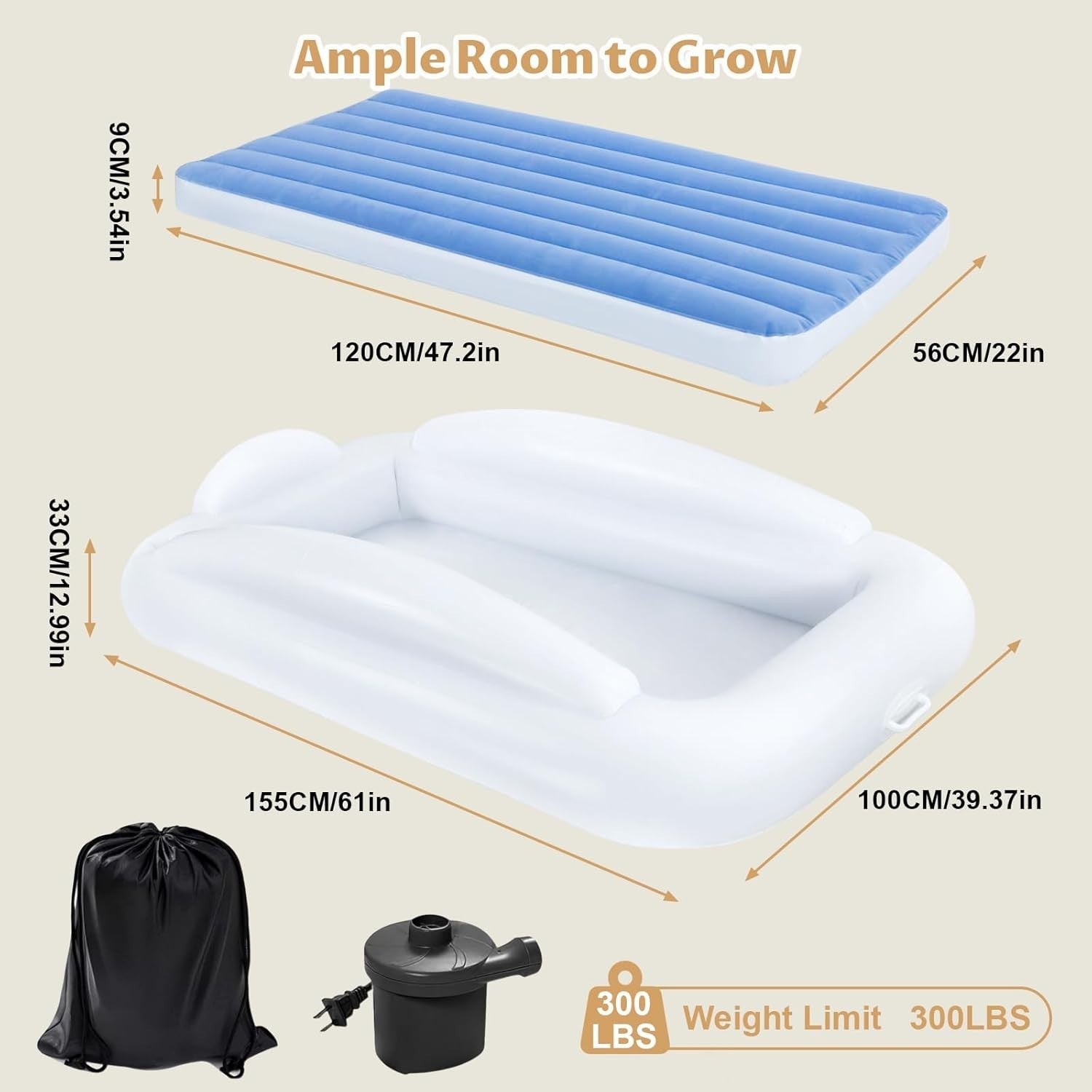 Inflatable Toddler Travel Bed with Safety Bumpers 63” Air Mattress