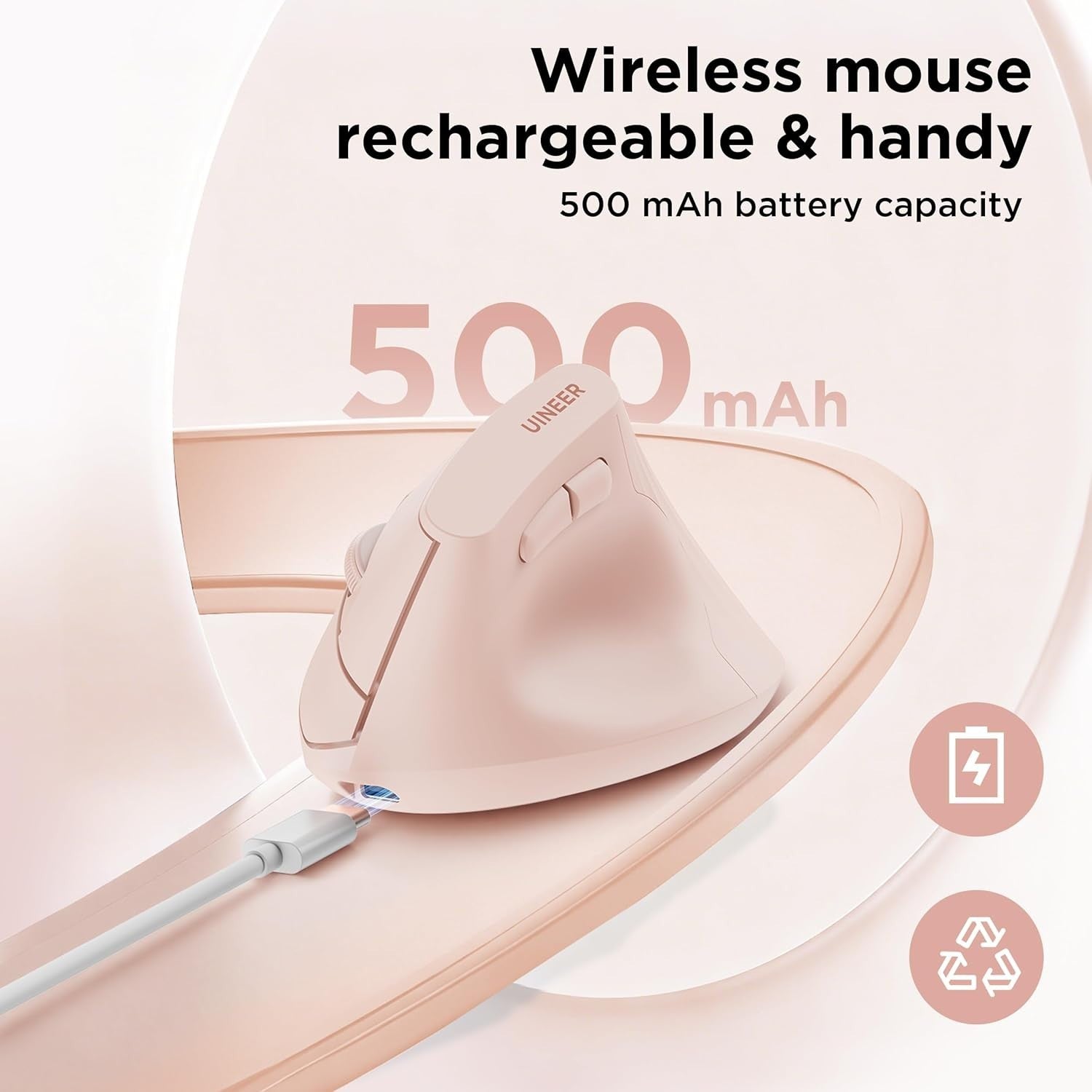 Vertical Wireless Ergonomic Mouse Bluetooth Rechargeable Pink