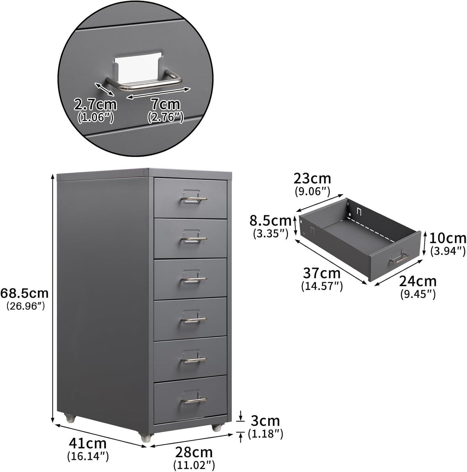 Grey Metal Rolling Drawer Tower 6 Tier Mobile File Storage Unit