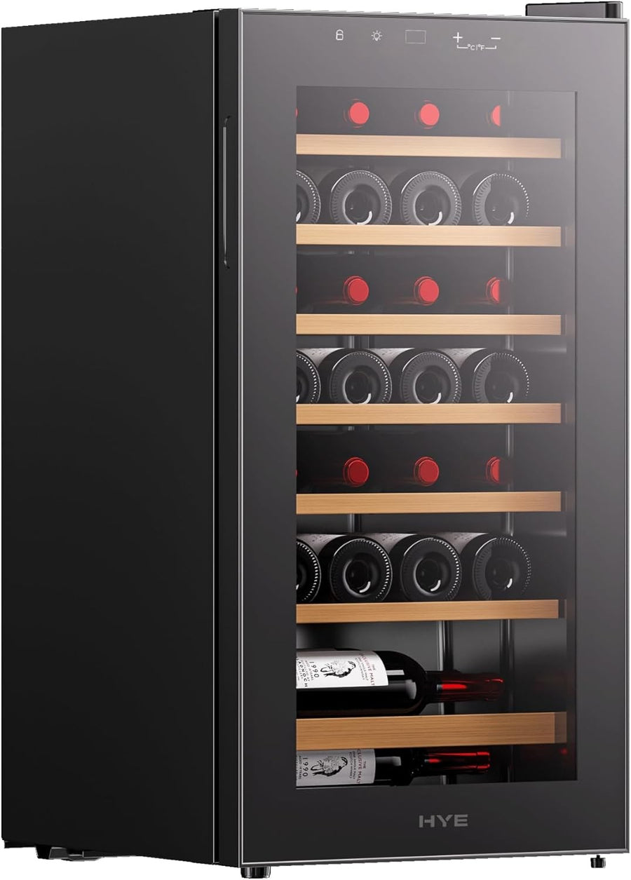 Wine Cooler Fridge 28 Bottle Glass Door LED Wooden Shelves Quiet Black