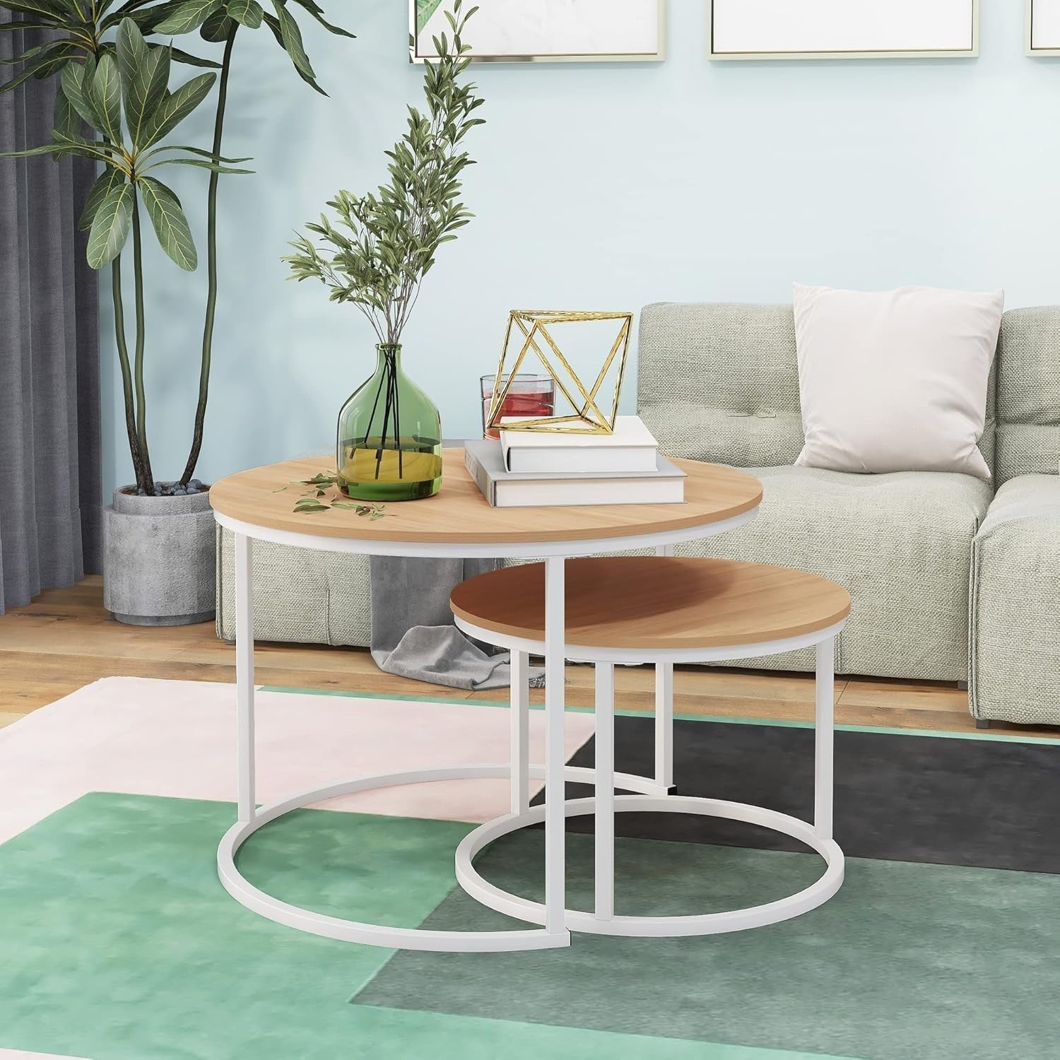 Set of 2 Round Coffee Table End Side Tables Stackable Storage Easy Assembly