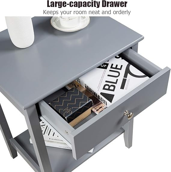 2PCS Grey Bedside Tables Modern Nightstand with Drawer & Shelf Wooden Side Table