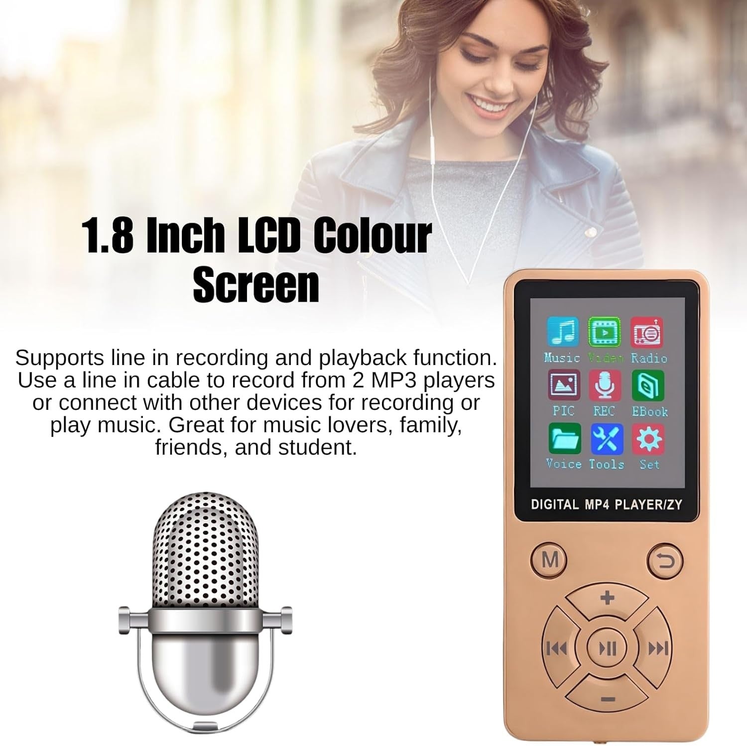64GB Bluetooth 5.0 MP3 MP4 Player 1.8" LCD FM Radio Gold