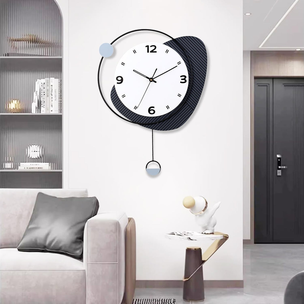 Modern Silent Wall Clock with Pendulum Large Quartz Black Home Decor 38x52cm