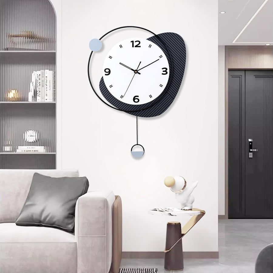 Modern Silent Wall Clock with Pendulum Large Quartz Black Home Decor 38x52cm