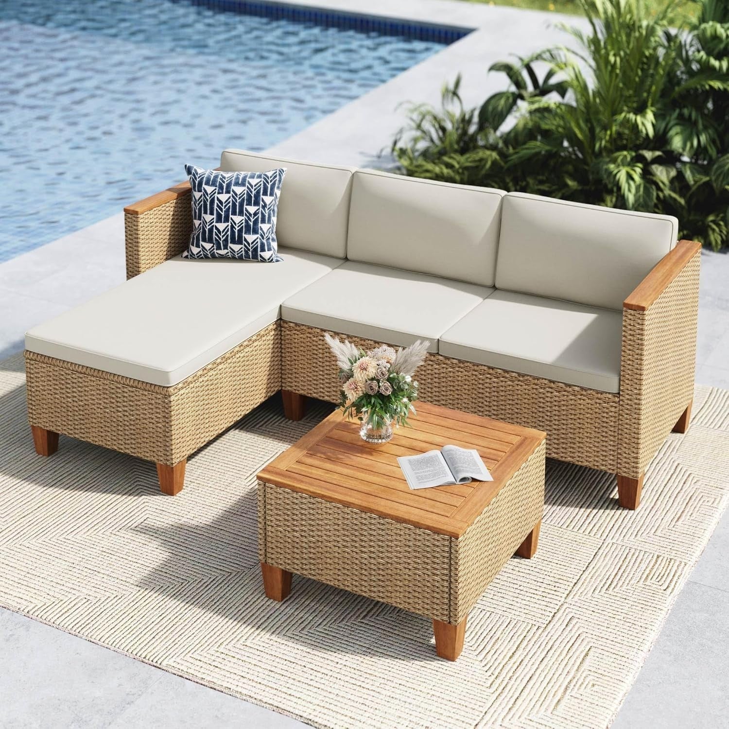 L-Shaped Rattan Garden Sofa Set with Table Outdoor Patio Corner Seating