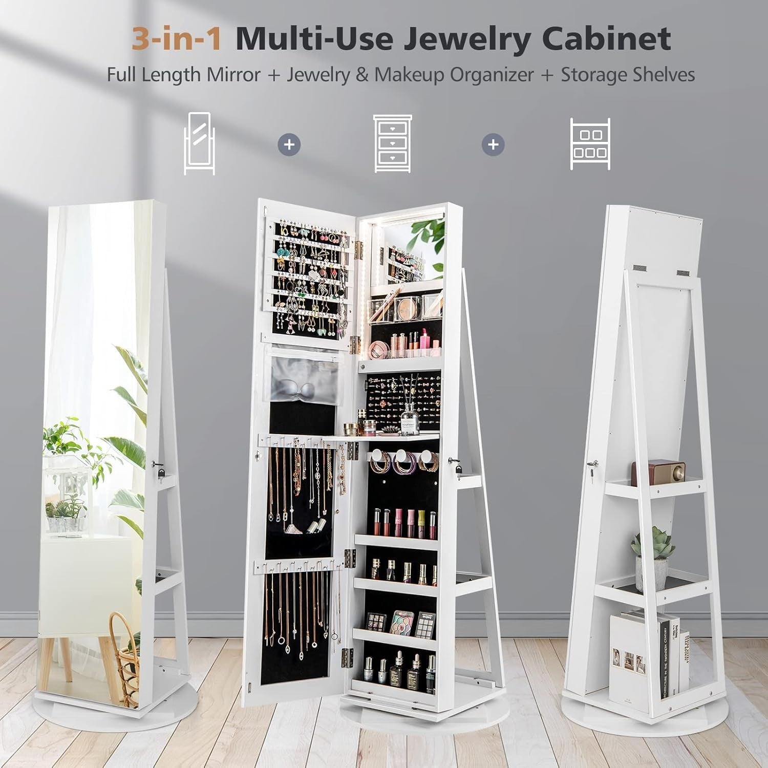 360° Rotating Jewelry Cabinet LED Mirror Lockable Freestanding Organizer